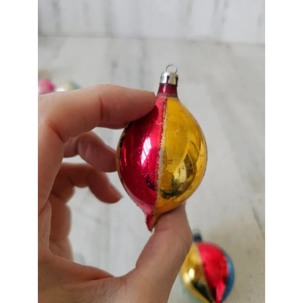 Vintage striped poland indent mini ornament reflector Mercury glass pink blue se